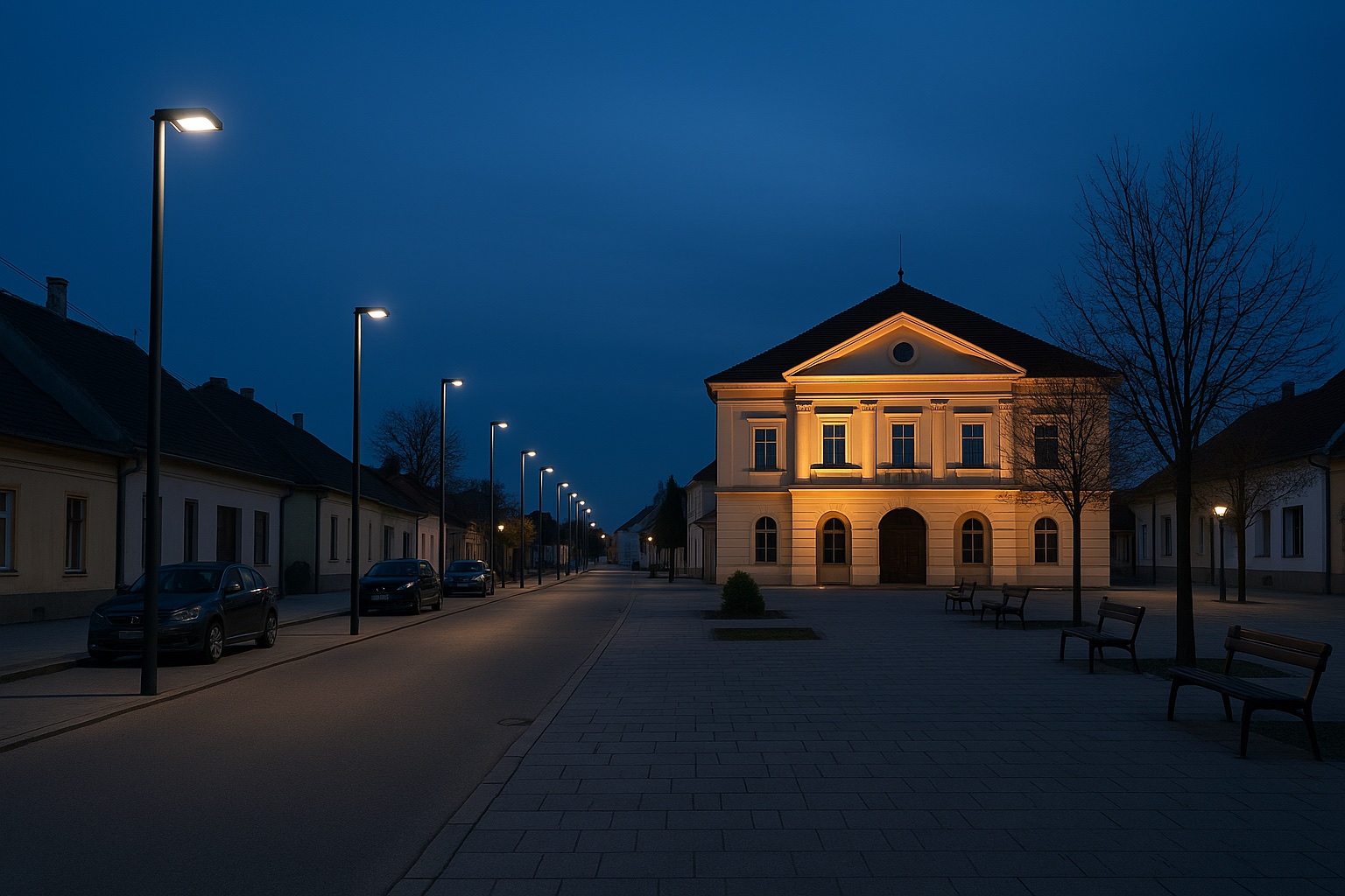 A small-town main square in the evening, with even LED public lighting