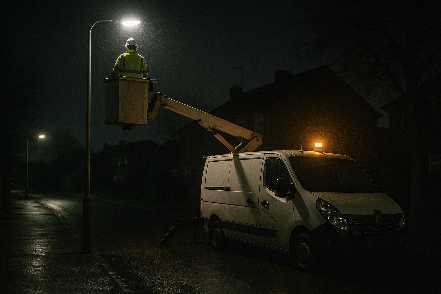 A maintenance crew at night, repairing a public lighting lamp with a cherry picker truck