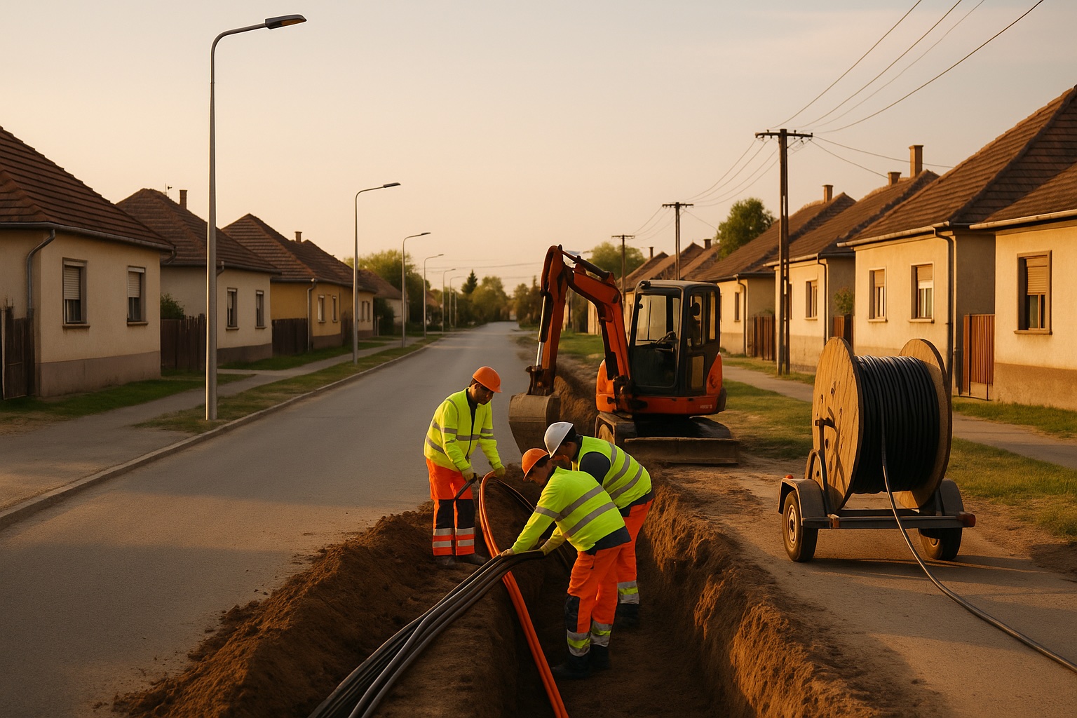 Montážna čata ukladá zemný kábel do ochrannej chráničky na dedinskej ulici