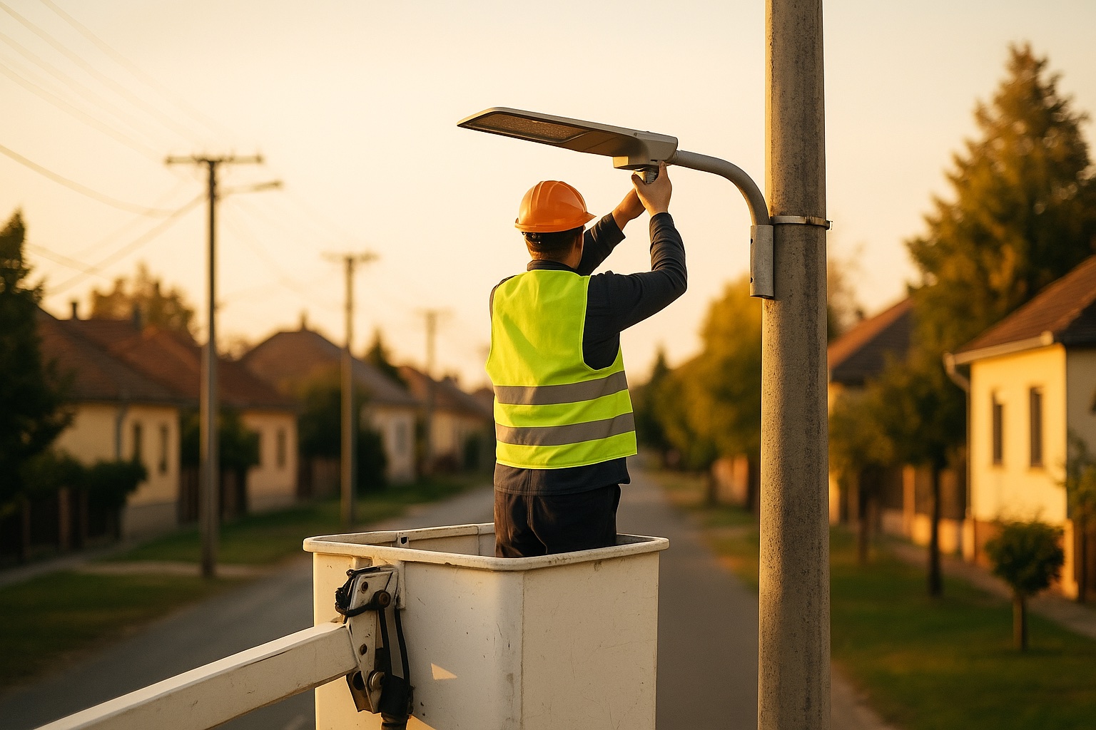 A technician in an aerial platform fitting an LED luminaire on a small-town street