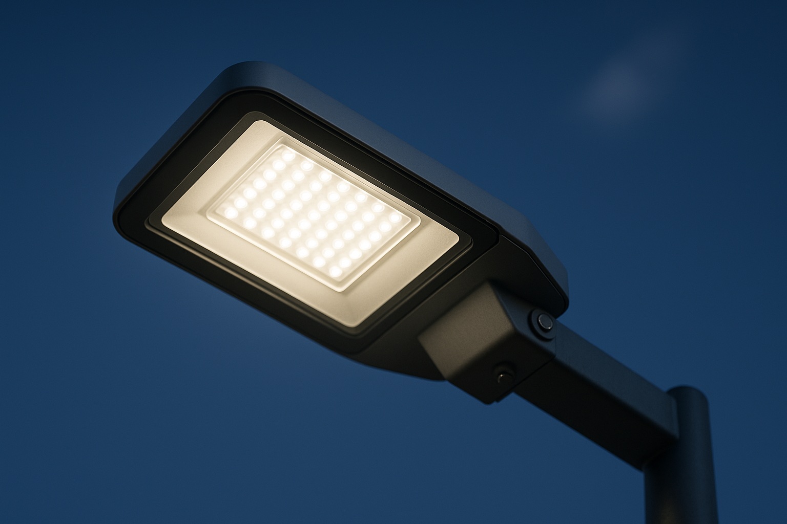 Modern, lapos LED-es közvilágítási lámpatest közelről, alkonyatkor
